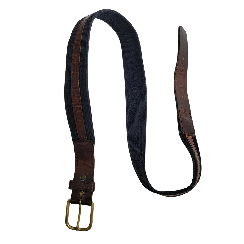 Mens Navy Blue Corduroy Brown Leather Inlay Belt Solid Brass Buckle Casual 34
